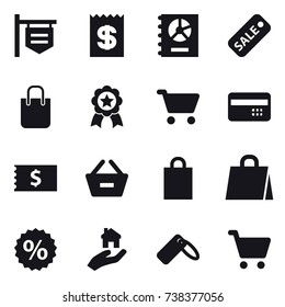 16 vector icon set : shop signboard, receipt, annual report, sale, shopping bag, medal, cart, credit card, remove from basket, percent, real estate