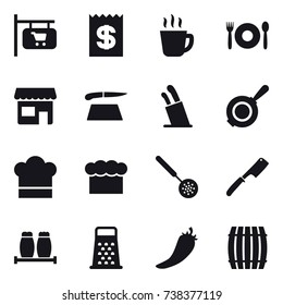 16 vector icon set : shop signboard, receipt, hot drink, cafe, shop, cutting board, stands for knives, pan, cook hat, chef  hat, skimmer, chef knife, hot pepper, barrel