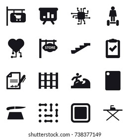 16 vector icon set : shop signboard, presentation, chip, hoverboard, cardio chip, store signboard, stairs, surfer, cutting board, iron board