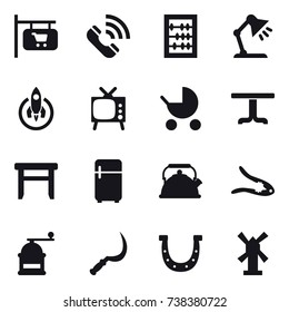 16 vector icon set : shop signboard, call, abacus, table lamp, rocket, tv, baby stroller, table, stool, fridge, kettle, walnut crack, hand mill, sickle, horseshoe, windmill