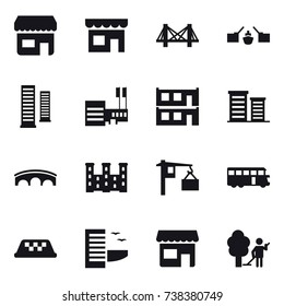 16 vector icon set : shop, bridge, drawbridge, skyscrapers, mall, modular house, district, palace, bus, taxi, hotel, garden cleaning