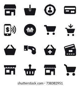 16 vector icon set : shop, basket, target audience, card, phone pay, crypto currency, cart, add to cart, hand coin, add to basket, credit card