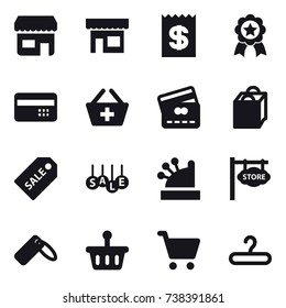 16 vector icon set : shop, receipt, medal, credit card, add to basket, shopping bag, sale label, sale, cashbox, store signboard, hanger