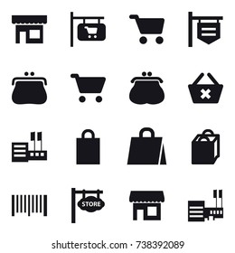 16 vector icon set : shop, shop signboard, cart, purse, delete cart, store, shopping bag, barcode, store signboard, mall