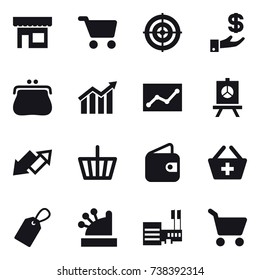 16 vector icon set : shop, cart, target, investment, purse, diagram, statistic, presentation, up down arrow, basket, wallet, add to basket, label, cashbox, mall