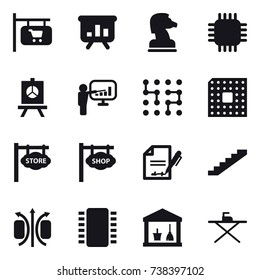 16 vector icon set : shop signboard, presentation, chess horse, chip, cpu, store signboard, stairs, utility room, iron board