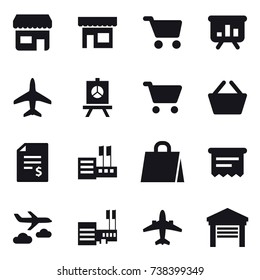 16 vector icon set : shop, cart, presentation, plane, basket, account balance, store, shopping bag, atm receipt, journey, mall, airplane, garage