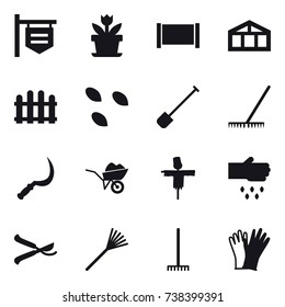 16 vector icon set : shop signboard, flower, fence, greenhouse, seeds, shovel, rake, sickle, wheelbarrow, scarecrow, sow, pruner, gloves