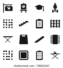 16 vector icon set : shop signboard, presentation, graduate hat, hoverboard, chip, stairs, iron board, cutting board, clipboard list