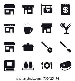 16 vector icon set : shop, shop signboard, receipt, hot drink, cocktail, pan, skimmer, spatula