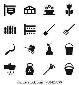 16 vector icon set : shop signboard, greenhouse, flower bed, fence, watering, shovel, fork, sickle, wheelbarrow, pear, bucket, sow, fertilizer, rake