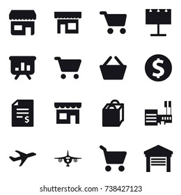 16 vector icon set : shop, cart, billboard, presentation, basket, dollar coin, account balance, shopping bag, mall, plane, garage