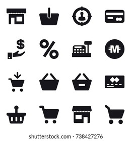 16 vector icon set : shop, basket, target audience, card, investment, percent, cashbox, crypto currency, add to cart, remove from basket, cart