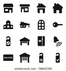 16 vector icon set : shop, home, mansion, house with garage, arch window, key, do not distrub, garage, fridge, bell, welcome mat, please clean