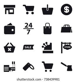 16 vector icon set : shop, cart, basket, dollar, wallet, 24/7, shopping bag, delete cart, sale, cashbox, store signboard, mall, turk