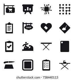 16 vector icon set : shop signboard, presentation, chip, clipboard, under construction, surfer, iron board, cutting board, clipboard list