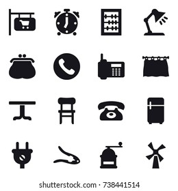 16 vector icon set : shop signboard, alarm clock, abacus, table lamp, purse, phone, curtain, table, chair, fridge, walnut crack, hand mill, windmill