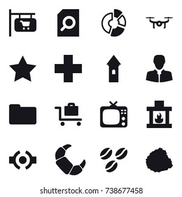 16 vector icon set : shop signboard, search document, circle diagram, drone, star, tower, baggage trolley, tv, fireplace, coffee seeds, pile of garbage