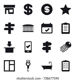 16 vector icon set : shop, dollar, star, singlepost, airport building, mobile checking, signpost, jellyfish, window, handle scales, bath, clipboard list