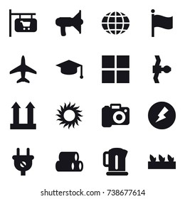 16 vector icon set : shop signboard, loudspeaker, globe, flag, plane, graduate hat, window, sun, camera, electricity, kettle, seedling