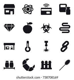 16 vector icon set : shop, atom, tap to pay, scales weight, diamond, gas station, thermometer, grain elevator, duster