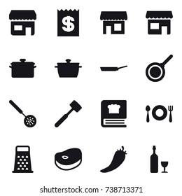 16 vector icon set : shop, receipt, pan, skimmer, meat hammer, hot pepper, wine