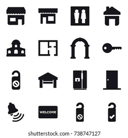 16 vector icon set : shop, wc, home, mansion, plan, arch, key, do not distrub, garage, fridge, door, bell, welcome mat, please clean