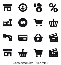 16 vector icon set : shop, target audience, money gift, percent, cashbox, crypto currency, cart, basket, hand coin, credit card, delete cart