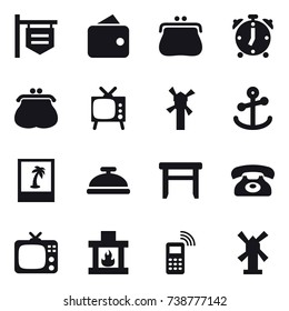 16 vector icon set : shop signboard, wallet, purse, alarm clock, tv, windmill, photo, service bell, stool, phone, fireplace