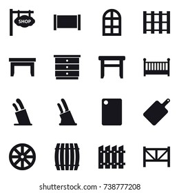 16 vector icon set : shop signboard, fence, arch window, table, chest of drawers, stool, crib, stands for knives, knife holder, cutting board, wheel, barrel, farm fence