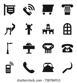 16 vector icon set : shop signboard, call, delivery, column, greate wall, windmill, fort, arch window, outdoor light, restaurant, antique column, phone, kettle, sickle