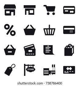 16 vector icon set : shop, cart, card, percent, basket, credit card, remove from basket, shopping list, shopping bag, label, store signboard, mall