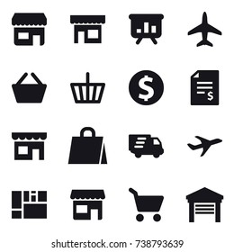 16 vector icon set : shop, presentation, plane, basket, dollar coin, account balance, shopping bag, delivery, cart, garage