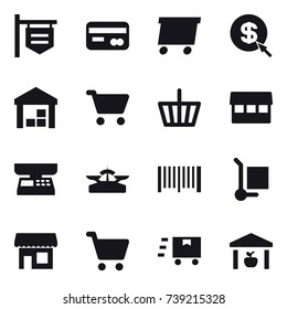 16 vector icon set : shop signboard, card, delivery, dollar arrow, warehouse, cart, basket, market, market scales, scales, barcode, cargo stoller, shop