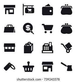 16 vector icon set : shop, shop signboard, wallet, purse, shopping bag, dollar arrow, cart, market, cashbox, turk
