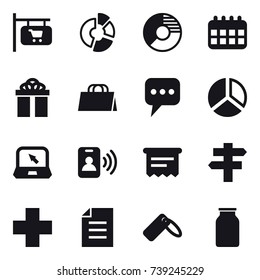 16 vector icon set : shop signboard, circle diagram, calendar, gift, shopping bag, message, diagram, notebook, pass card, atm receipt, singlepost 16 vector icon set : shop signboard, circle diagram, calendar, gift, shopping bag, message, diagram, notebook, pass card, atm receipt, singlepost
