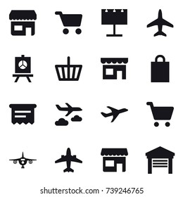 16 vector icon set : shop, cart, billboard, plane, presentation, basket, shopping bag, atm receipt, journey, airplane, garage