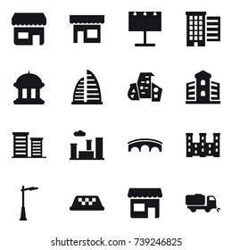 16 vector icon set : shop, billboard, houses, goverment house, skyscraper, modern architecture, building, district, city, bridge, palace, outdoor light, taxi, sweeper