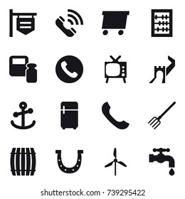 16 vector icon set : shop signboard, call, delivery, abacus, scales weight, phone, tv, greate wall, fridge, fork, barrel, horseshoe, windmill, water tap