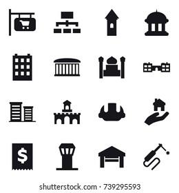 16 vector icon set : shop signboard, hierarchy, tower, goverment house, building, airport building, minaret, school, district, fort, building helmet, real estate, airport tower, garage