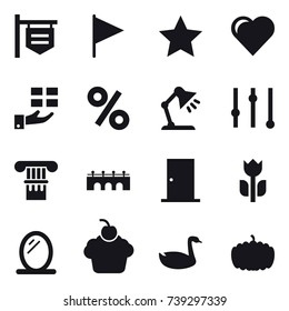 16 vector icon set : shop signboard, flag, star, heart, gift, percent, table lamp, equalizer, column, bridge, door, mirror, goose, pumpkin