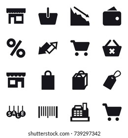 16 vector icon set : shop, basket, crisis, wallet, percent, up down arrow, cart, delete cart, shopping bag, label, sale, barcode, cashbox