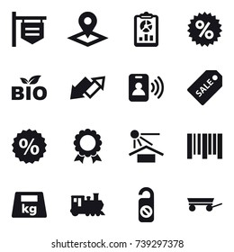 16 vector icon set : shop signboard, pointer, report, percent, bio, up down arrow, pass card, sale label, medal, train, do not distrub, trailer