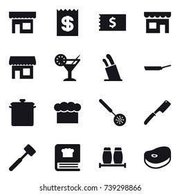 16 vector icon set : shop, receipt, cocktail, stands for knives, pan, chef  hat, skimmer, chef knife, meat hammer