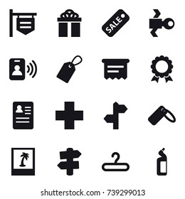 16 vector icon set : shop signboard, gift, sale, satellite, pass card, label, atm receipt, medal, photo, signpost, hanger, toilet cleanser
