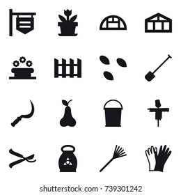 16 vector icon set : shop signboard, flower, greenhouse, flower bed, fence, seeds, shovel, sickle, pear, bucket, scarecrow, pruner, fertilizer, rake, gloves