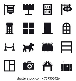 16 vector icon set : shop signboard, billboard, abacus, building, window, door, arch window, vip fence, dog, curtain, rack, barn, clean  window