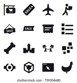 16 vector icon set : shop signboard, sale, plane, courier, atm receipt, list, castle, palm hammock, chicken