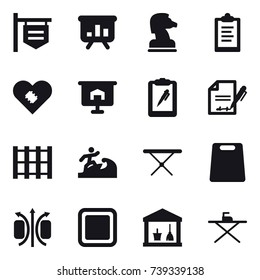 16 vector icon set : shop signboard, presentation, chess horse, clipboard, surfer, iron board, cutting board, utility room