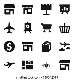 16 vector icon set : shop, billboard, presentation, plane, cart, basket, dollar coin, shopping bag, journey